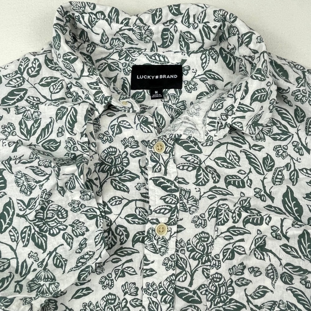 Lucky Brand Mens Medium Floral Leaf Print Button Down Short Sleeve Shirt Green